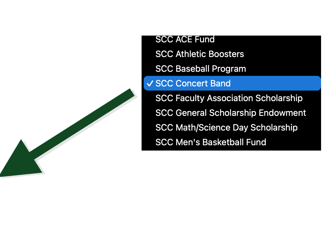 A closeup of the selection box showing you how to donate specifically to the Concert Band