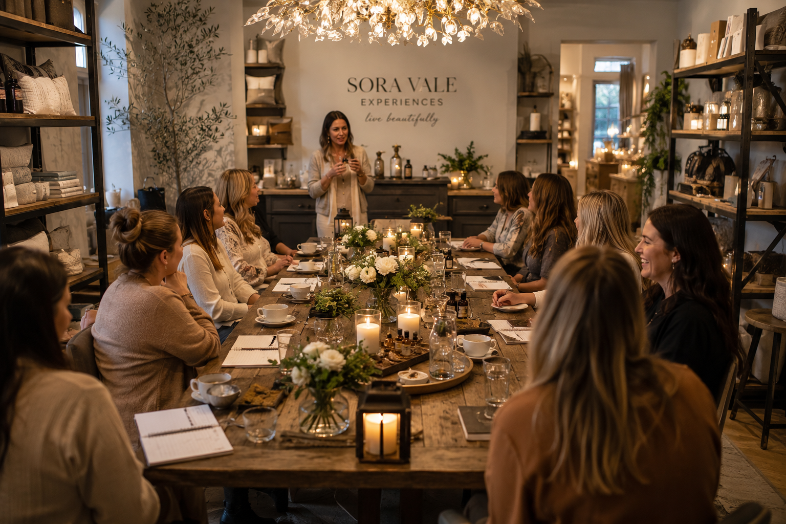 A woman standing at the head of a long wooden table giving a presentation to a group of women in a cozy, well-decorated room. The room has shelves with decorative items and a sign that reads 'Sora Vale Experiences live beautifully.' The table is adorned with flowers, candles, and various beverages.