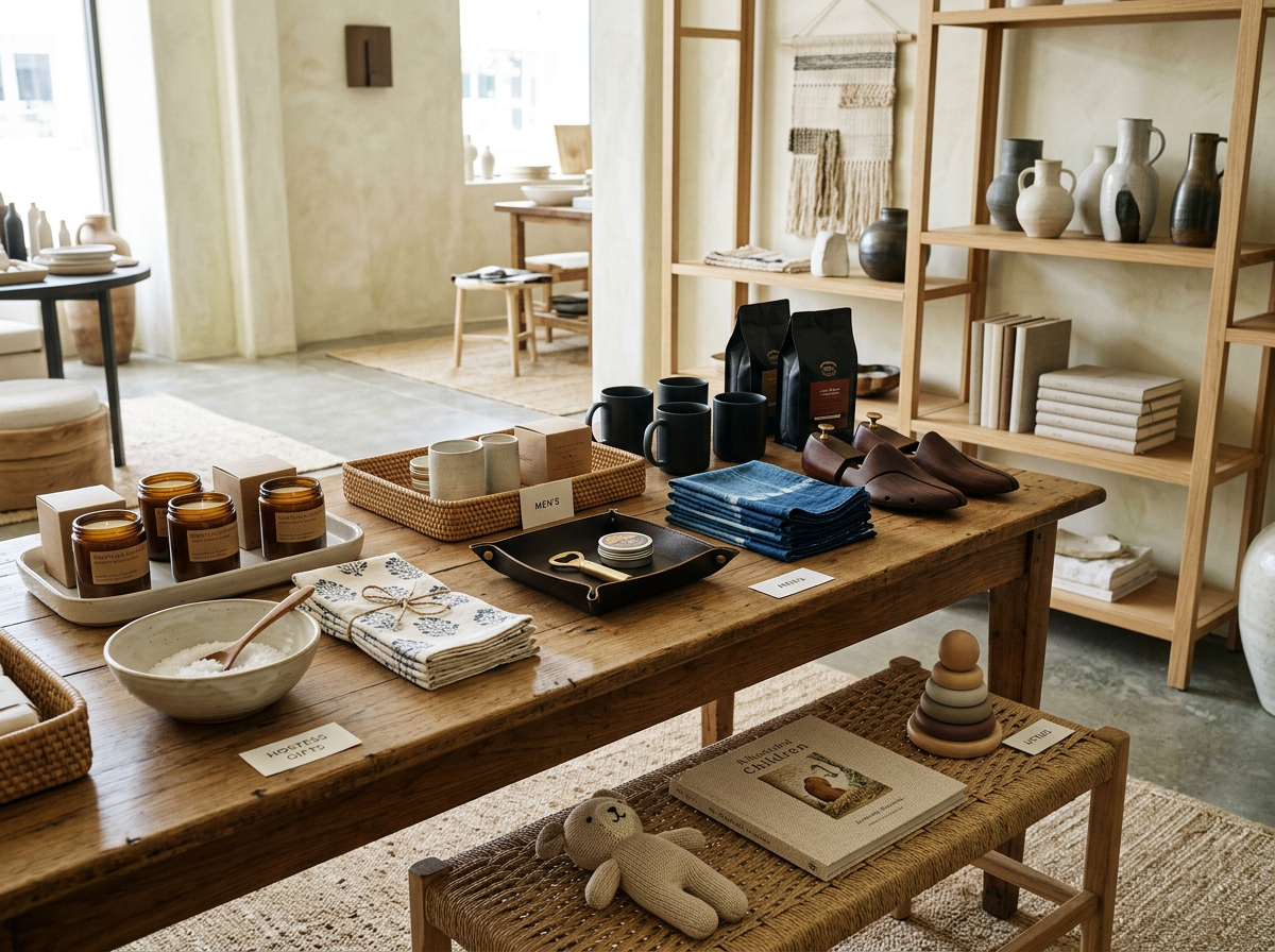 Display of home decor and lifestyle items in a retail store, including candles, mugs, towels, books, ceramics, and decorative accessories.