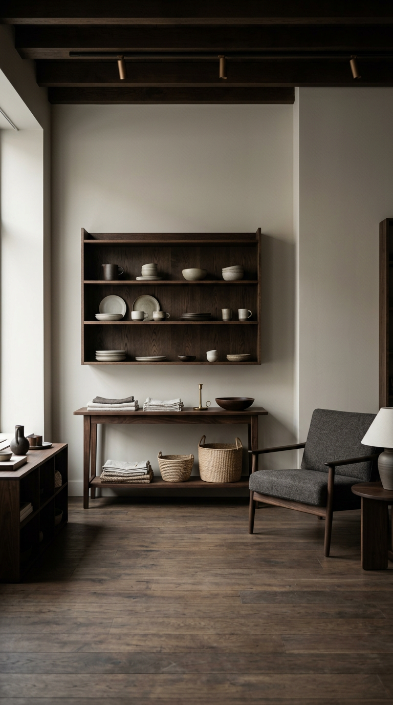 Living room with wooden shelves holding dishes, a wooden table with towels and baskets, a gray armchair, and a side table with a lamp.