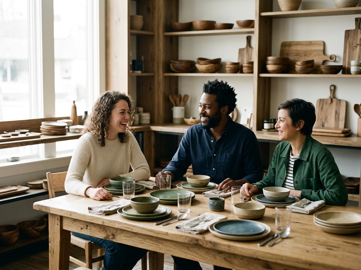 Three people sitting at a wooden dining table, smiling and talking, surrounded by ceramic bowls and plates in a cozy, well-lit kitchen.