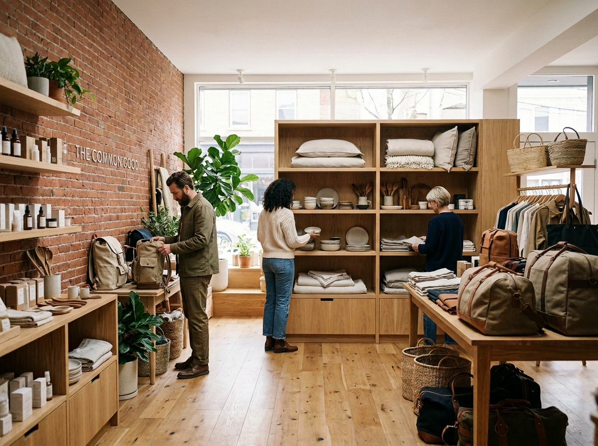 Interior of a minimalist retail store featuring wooden shelves and tables displaying handbags, backpacks, woven baskets, and home goods like plates, bowls, and linens. Three customers browse the items near a large window with natural light.