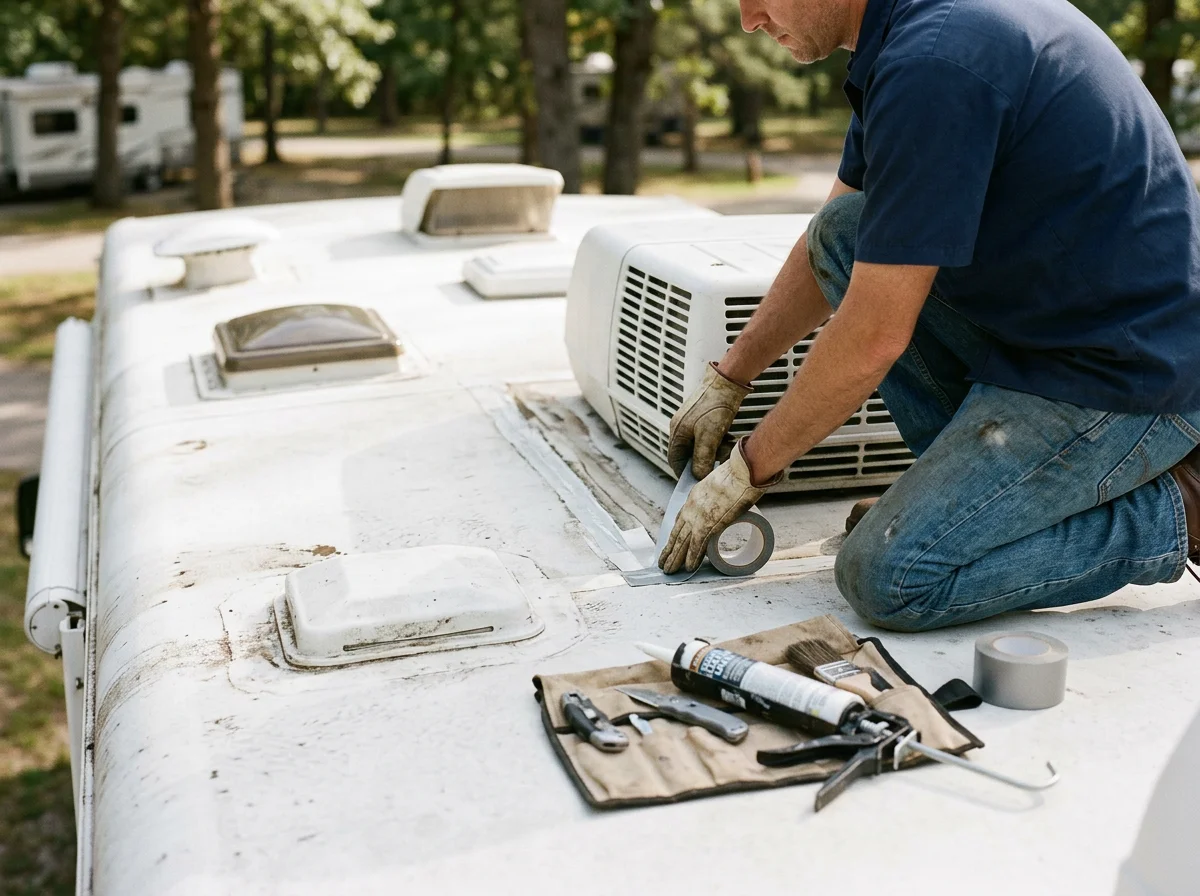 A man kneels on the roof of a camper van, repairing a leak with duct tape. Tools and repair supplies are laid out nearby.