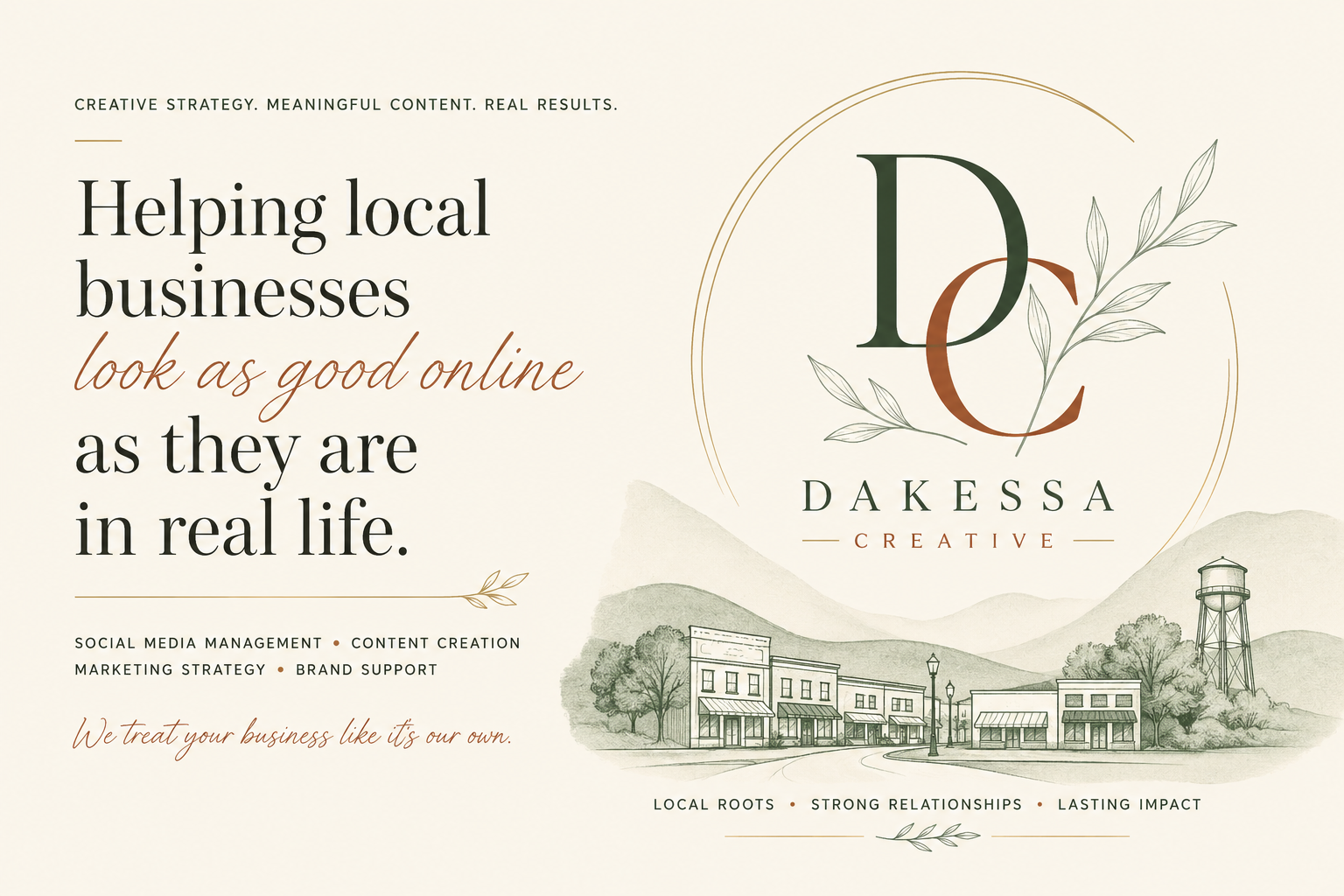 A promotional graphic for Dakessa Creative with the message 'Helping local businesses look as good online as they are in real life,' featuring a logo with the initials D and C, a small illustration of a town with buildings and a water tower, and text about social media management, content creation, marketing strategy, and brand support.