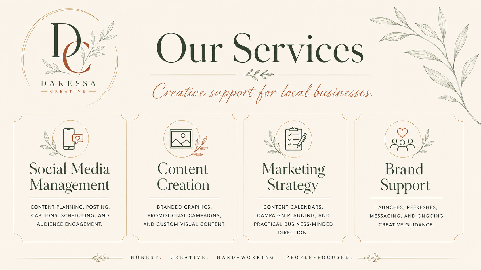 A professional service offerings webpage with a beige background, featuring the company logo 'DK E Creative,' and sections for services like Social Media Management, Content Creation, Marketing Strategy, and Brand Support. Each section has an icon, a title, and a description, with decorative leaves and text highlighting creativity and support for local businesses.