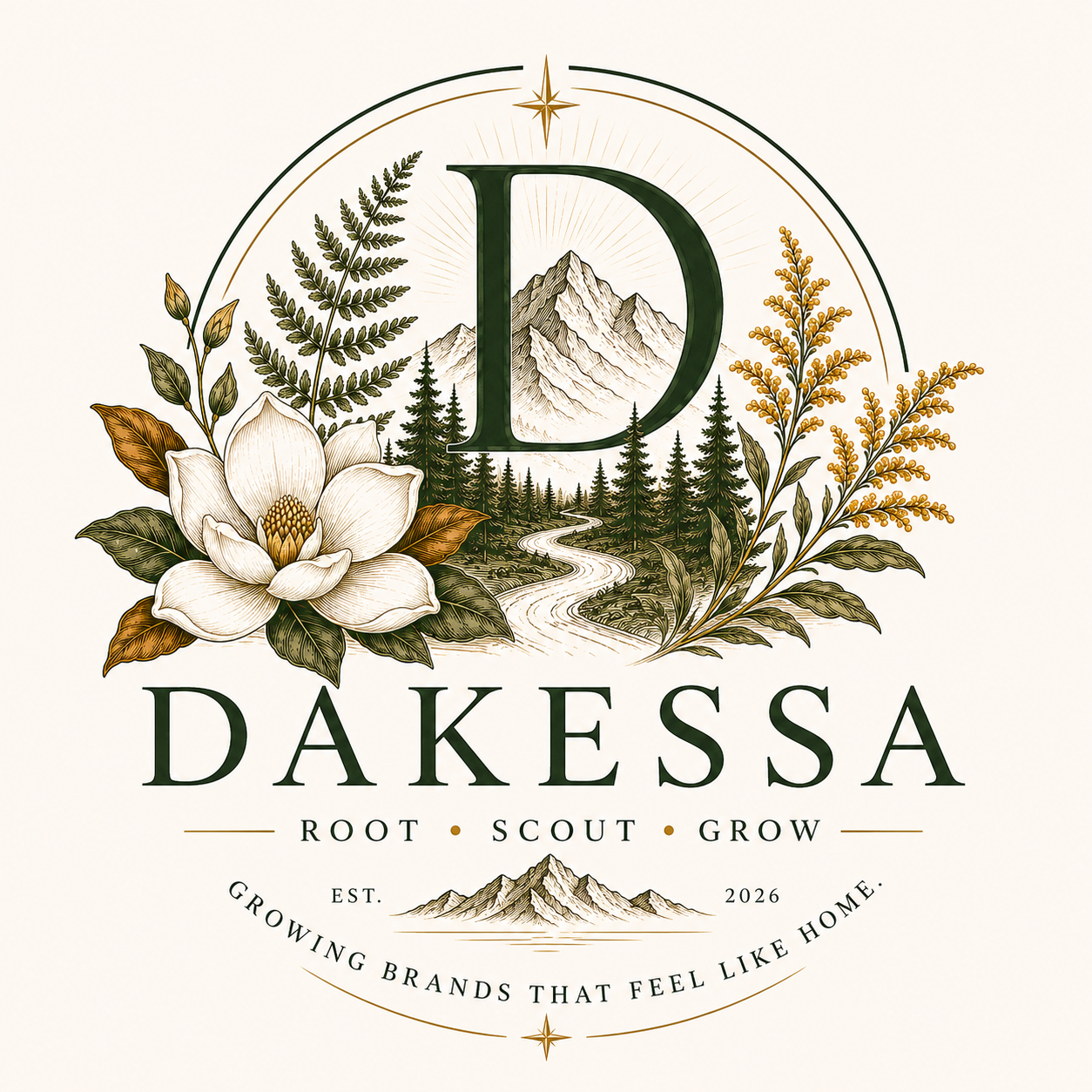 Logo for Dakessa featuring a large green letter D with a mountain landscape, pine trees, a flowing river, flowers, and leaves, with the text "Dakessa Root Scout Grow" and the slogan "Growing brands that feel like home."