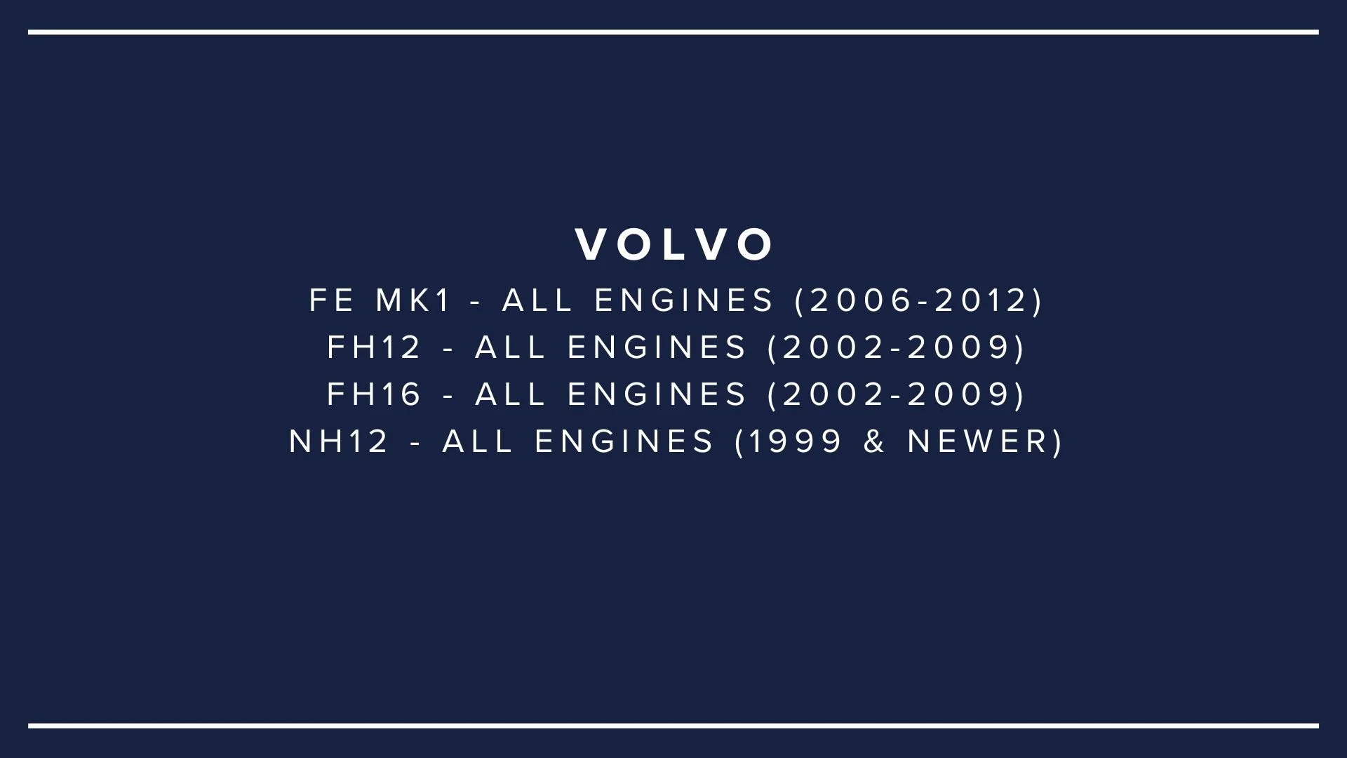 A navy blue background with white text listing Volvo engine models and production years.
