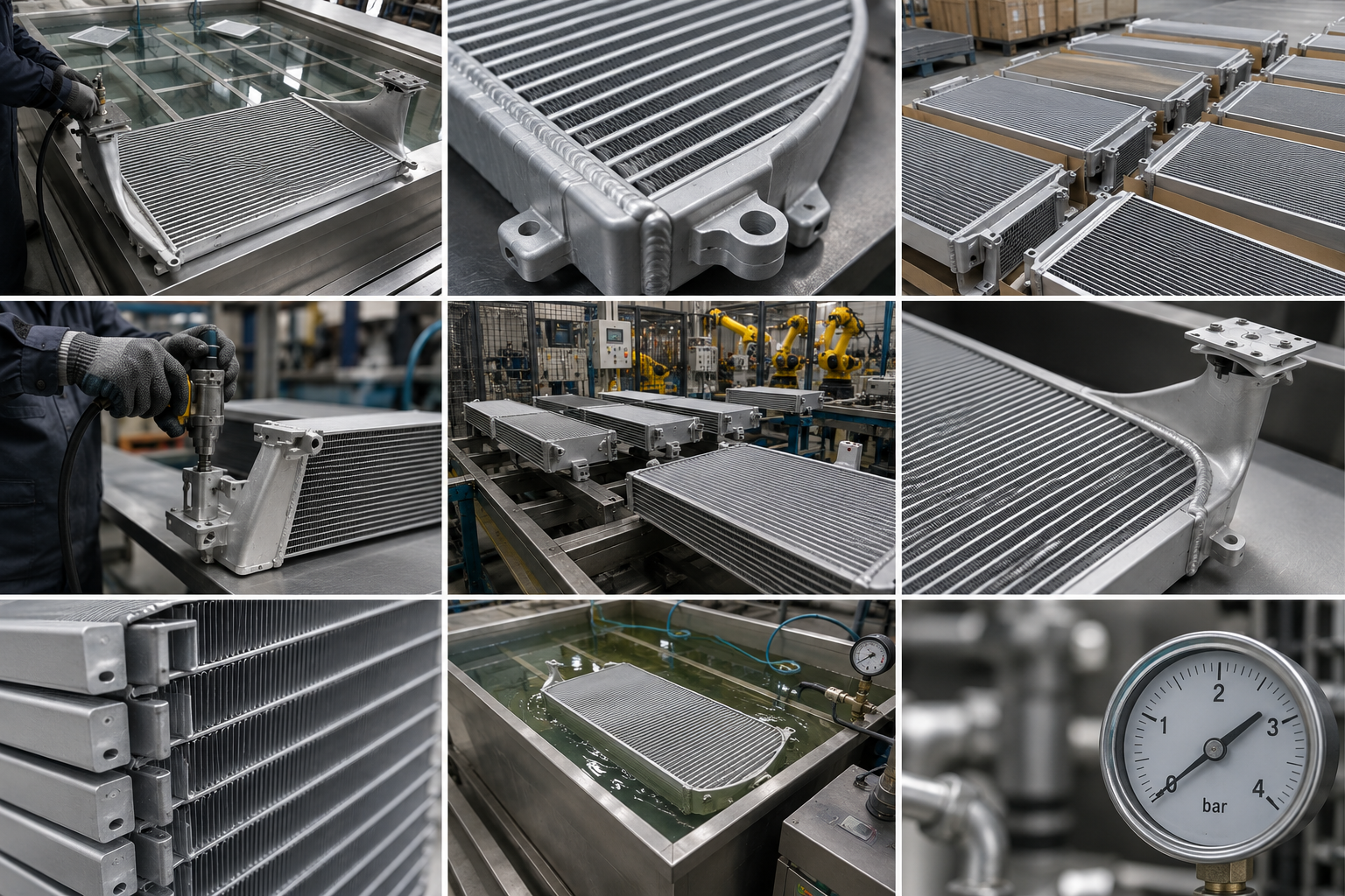 Multiple industrial radiators in various stages of assembly and testing in a factory setting, including welding, inspection, and hydraulic pressure testing by Karaxes Industries