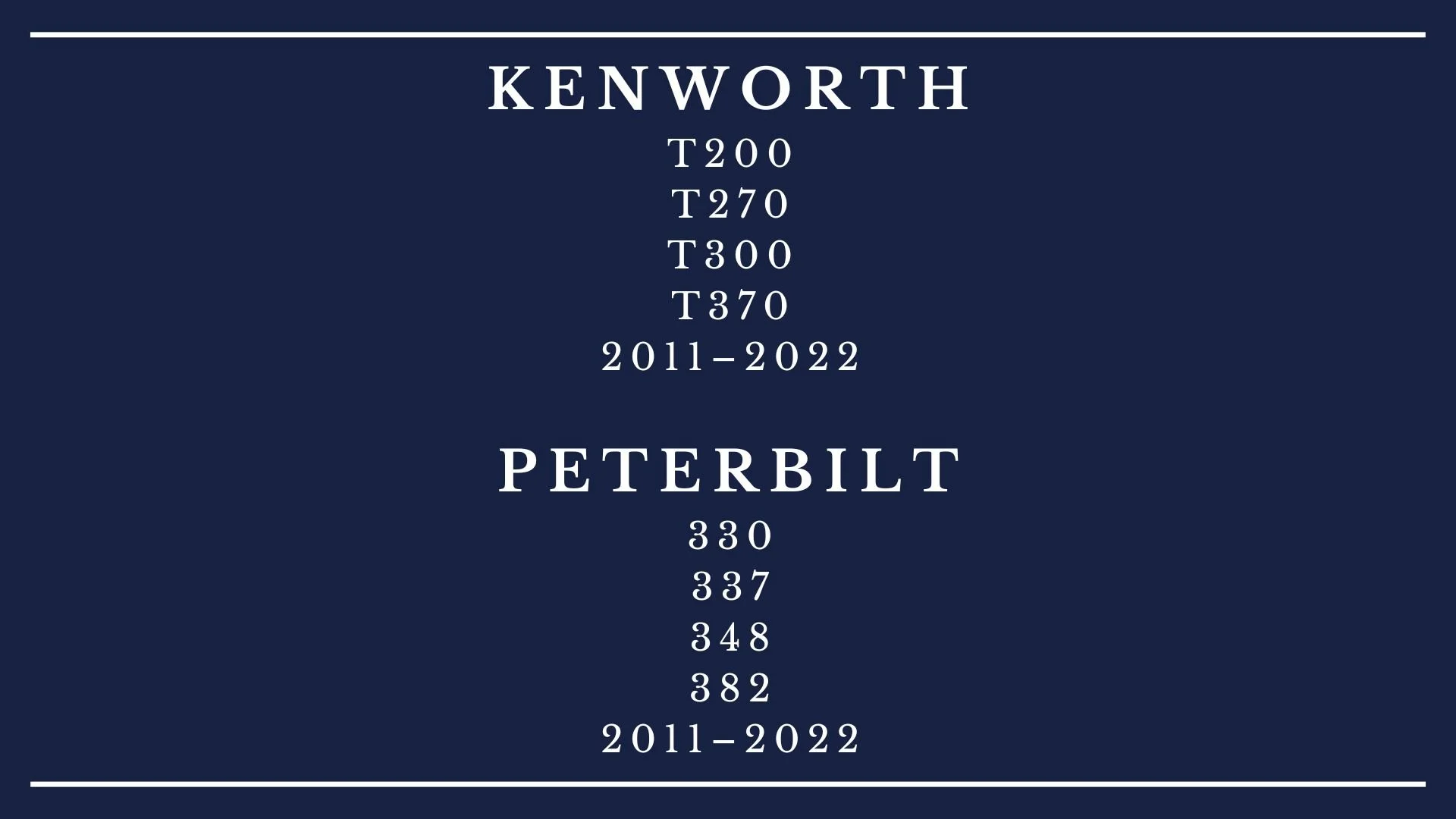 Price list for Kenworth trucks T200, T270, T300, T370, and Peterbilt models 330, 337, 348, from 2011 to 2022