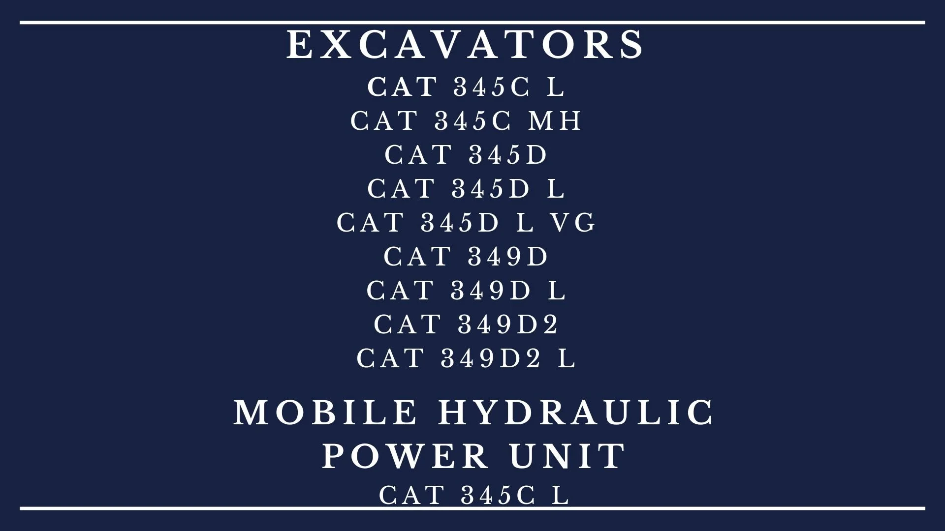 Blue informational sign displaying a list of excavators and a mobile hydraulic power unit, including model numbers and specifications.