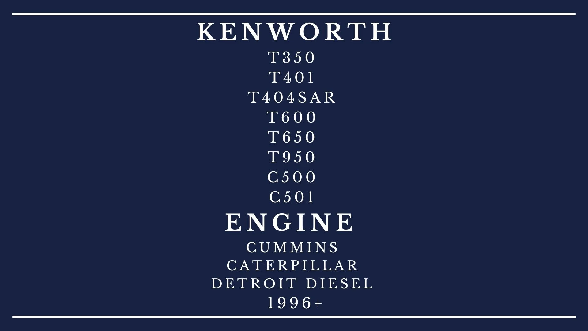 Text-based advertisement for Kenworth engines, listing various engine models and specifications, with a blue background and white text.