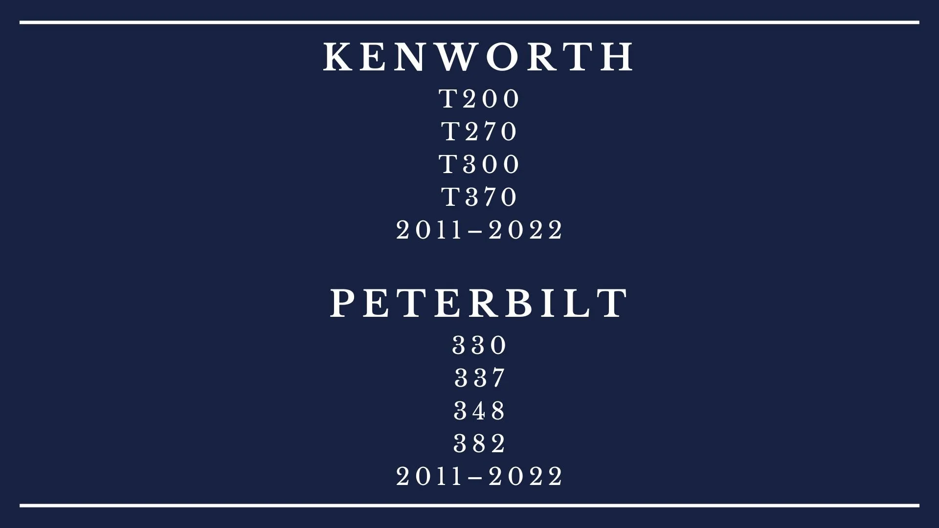 Text on a navy blue background displaying Kenworth T200, T270, T300, T370 models from 2011 to 2022 and Peterbilt models 330, 337, 348, 382 from 2011 to 2022.