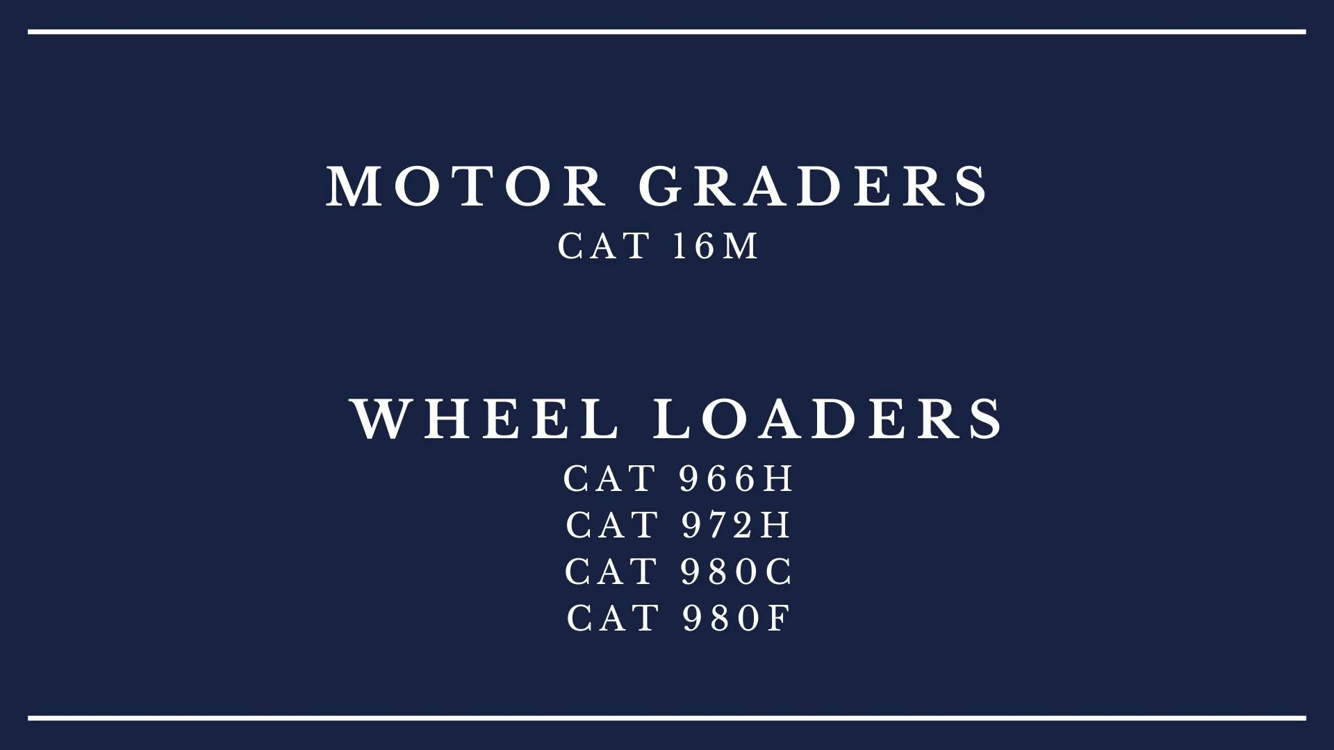 Product label for motor graders and wheel loaders, with model numbers and specifications.