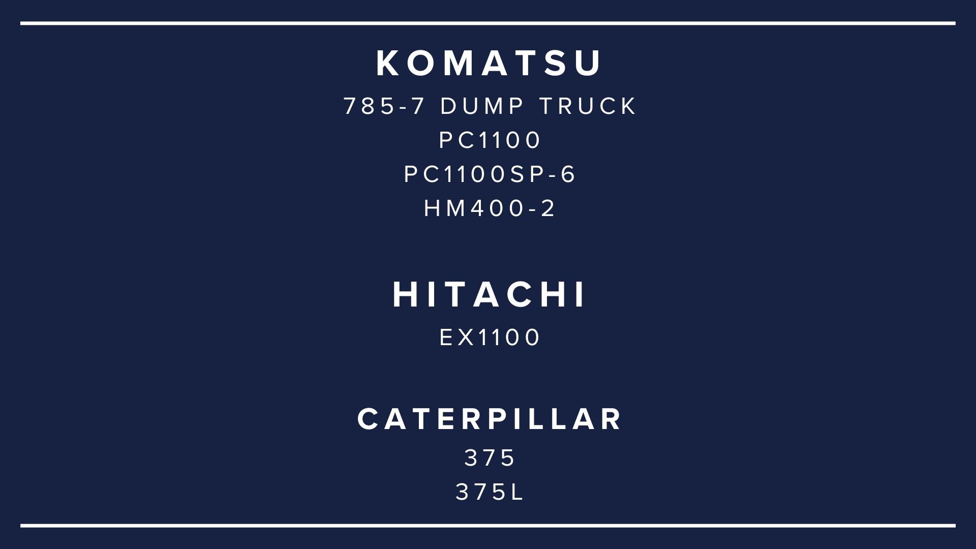 Design schematic with brand names Komatsu, Hitachi, and Caterpillar, and respective equipment models listed beneath each name.