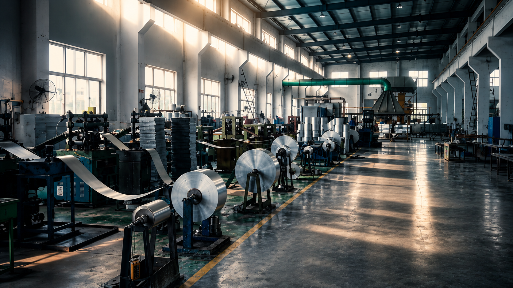 Karaxes IndustriesI industrial manufacturing factory with large machinery, metal rolls, and equipment