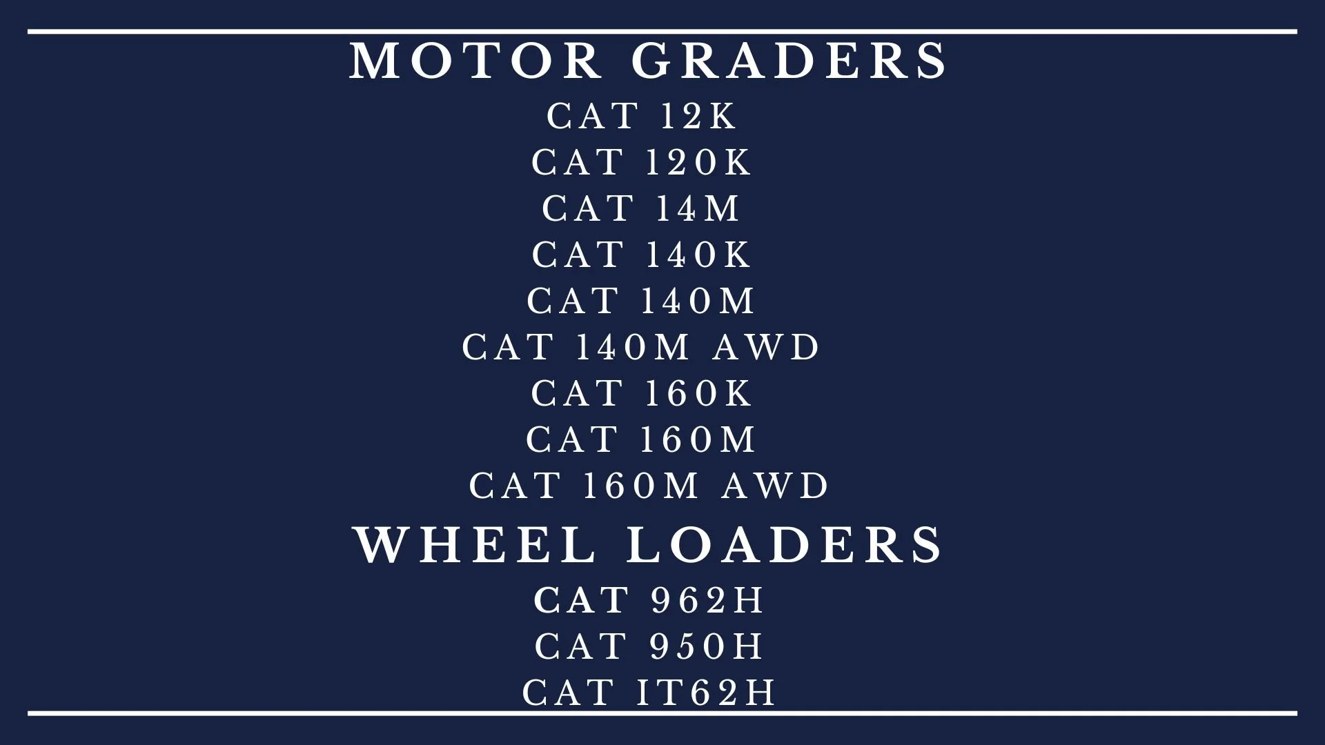Sign listing motor graders and wheel loaders with various categories and models.