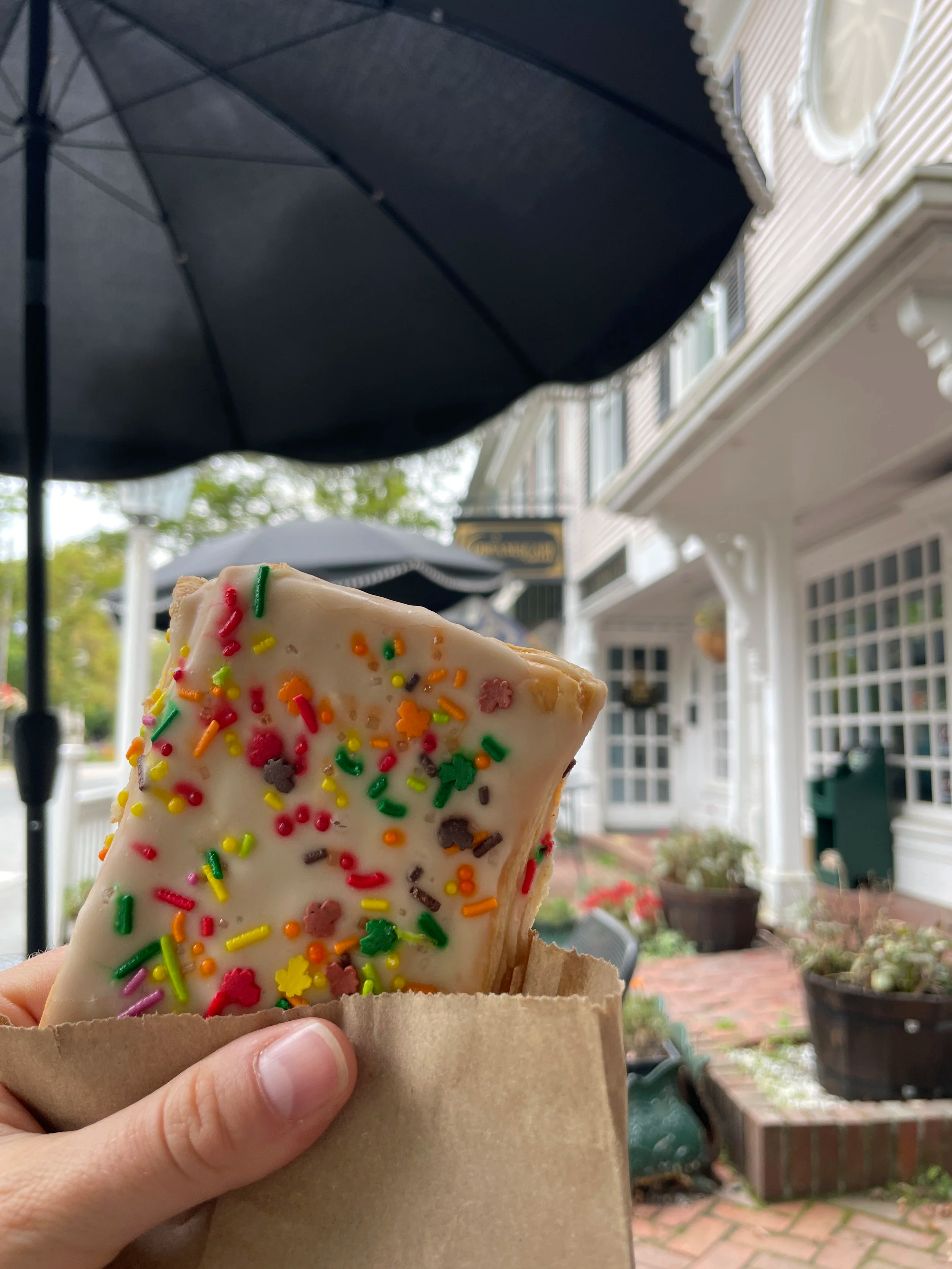 A hand holding a homemade pop tart from a local coffee shop in Woodstock, Vermont.