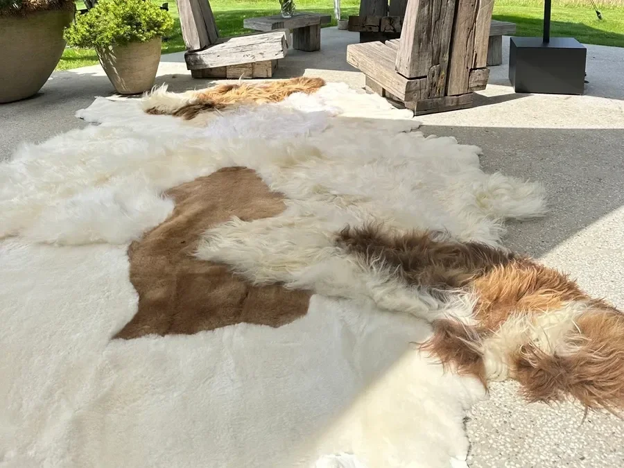 Mieke 190 by Wol Society, a large white sheepskin rug with a caramel brown pelt through its center