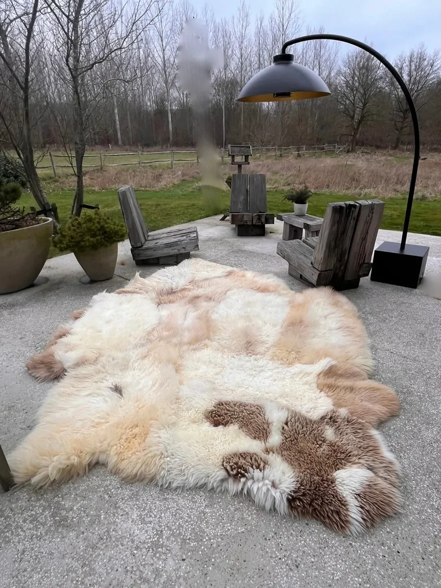 Pipa by Wol Society, a large cream and peach sheep skin rug with taupe-brown accents at one end