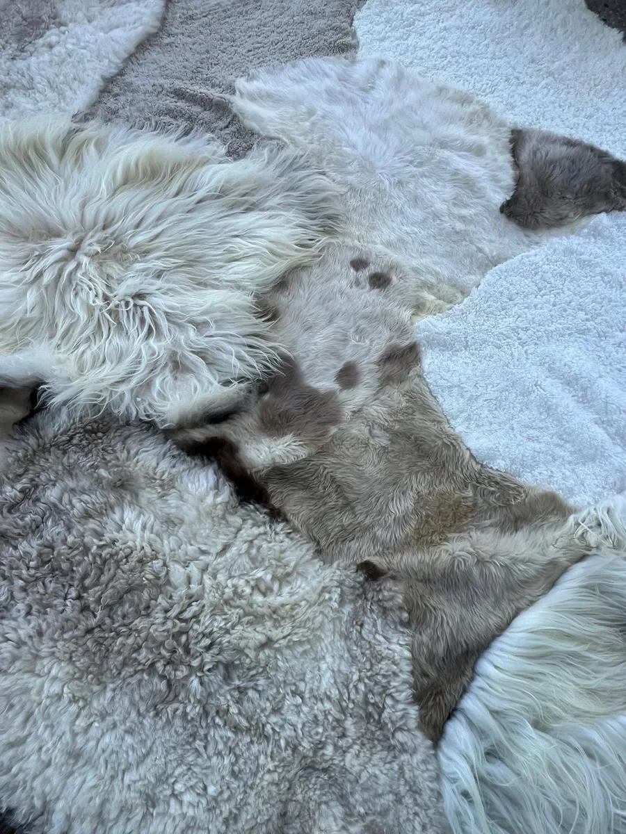 Poppy Puff by Wol Society, an ivory patchwork sheepskin rug with taupe spots and brown-edged pelts
