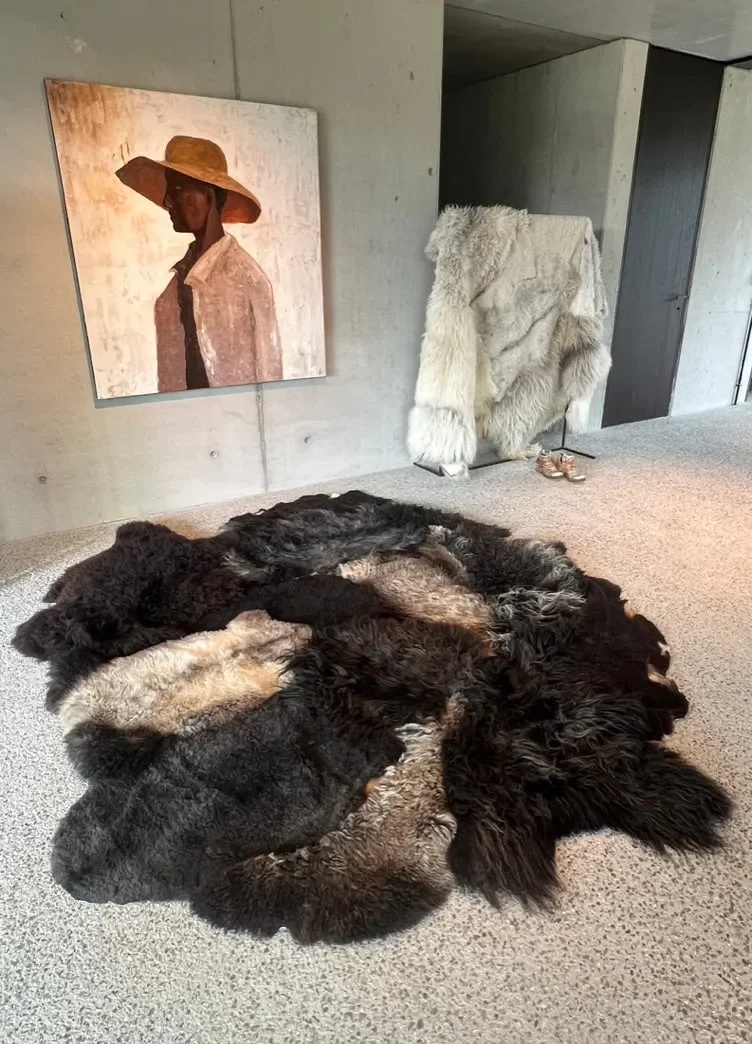 Joske by Wol Society, a large dark brown sheepskin rug with honey, taupe and silvery curly pelts