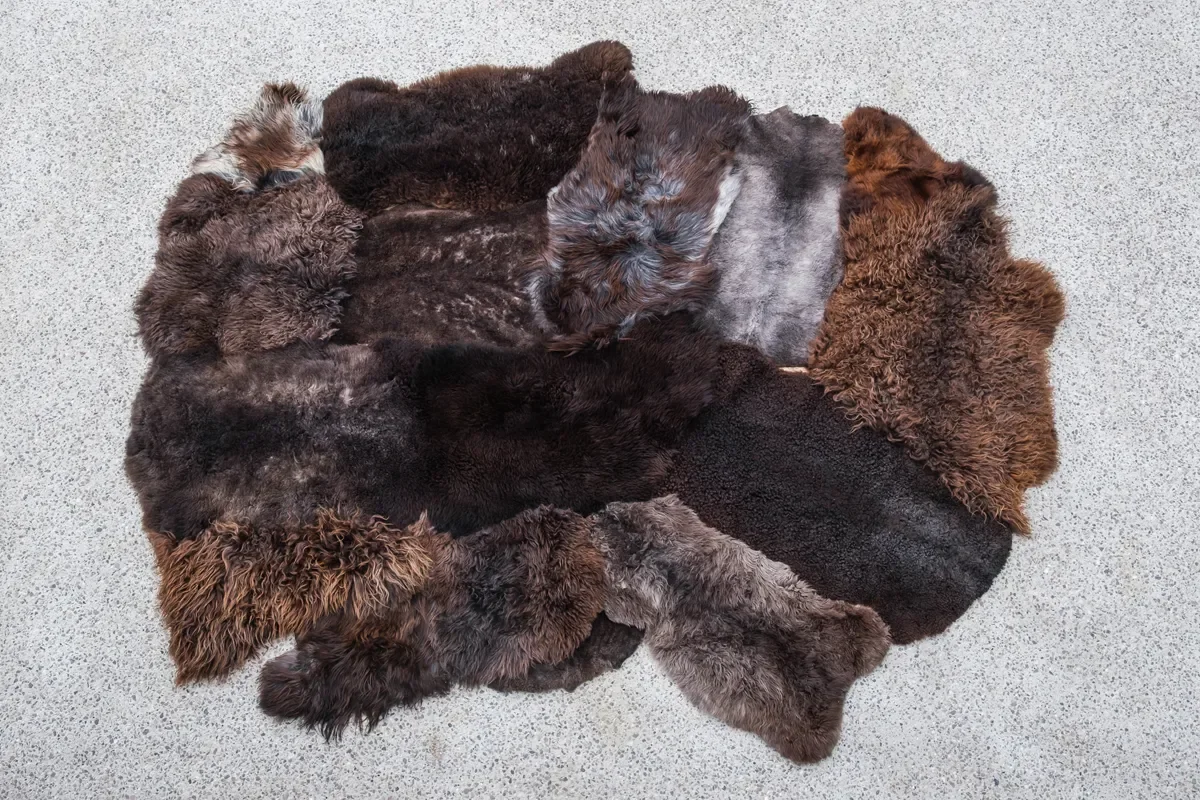 Big Paws by Wol Society, a shaggy, large sheepskin rug in dark chocolate, smoky grey and frosted silver.