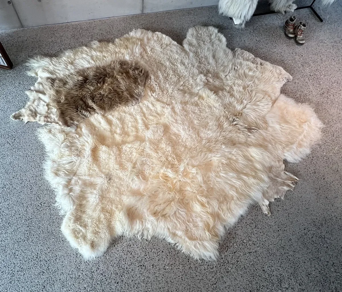 Prulleke by Wol Society, a large creamy ivory sheep skin rug with an oval taupe-brown pelt