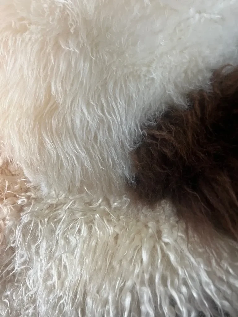 Mary by Wol Society, a brown and cream sheep skin rug with bands of cream between chocolate and russet fleece