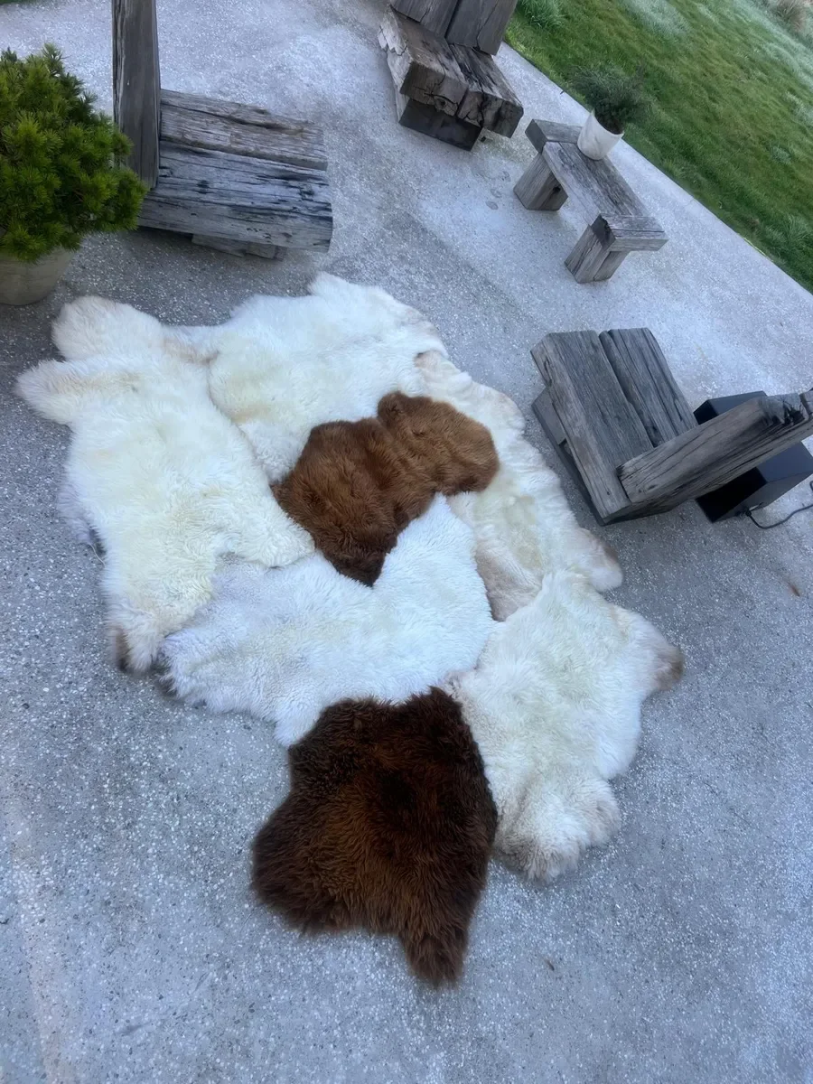 Wolkje by Wol Society, a white sheepskin rug with two chestnut and caramel brown pelts