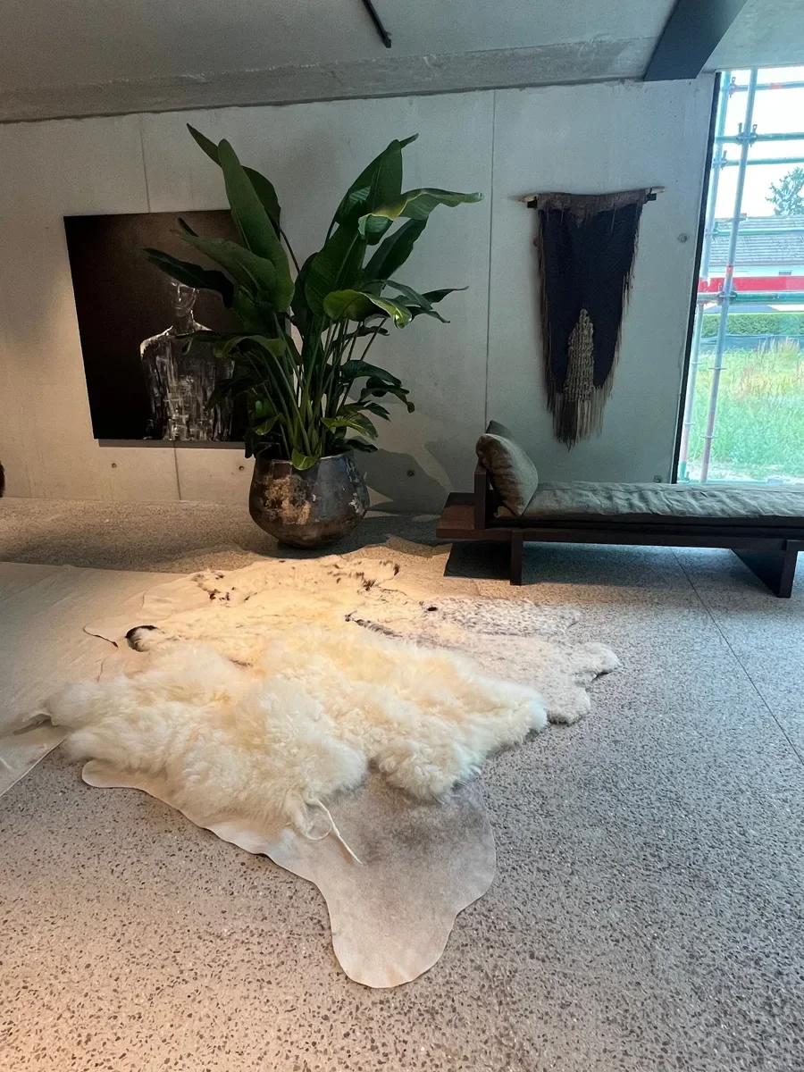 Mieke 206 by Wol Society, a cream sheep skin rug with speckled black and white pelts on a pale grey cowhide border