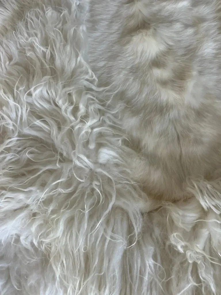 Gamin by Wol Society, an ivory sheep skin rug with long, airy fleece and smooth patches