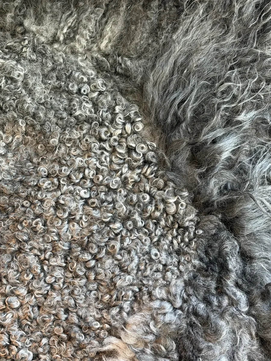 Shadow by Wol Society, a dark sheep skin rug with long black fleece around tight silver grey curls