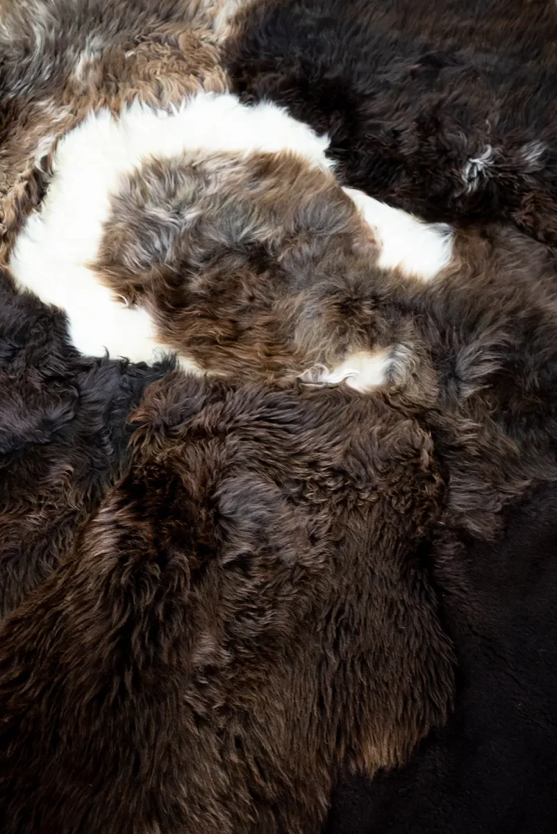 Titan by Wol Society, a dark brown sheepskin rug with a swirl of white at its center