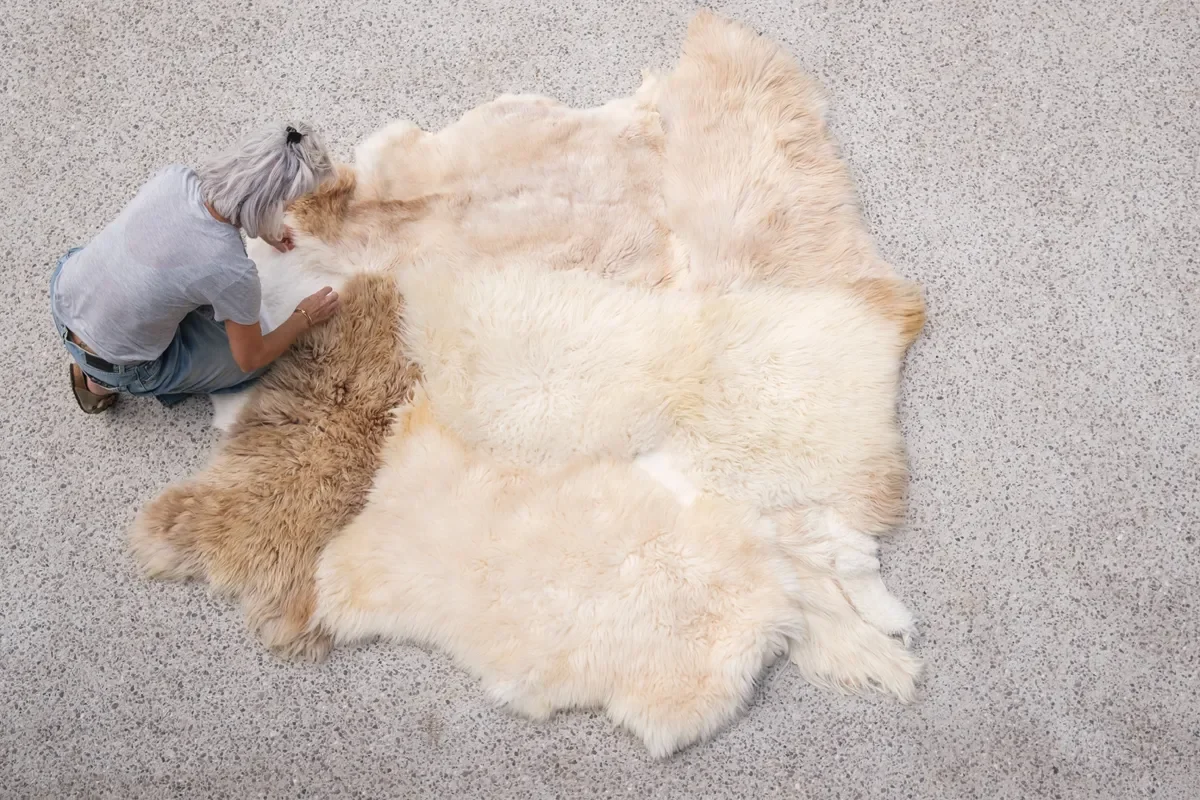 Ghost by Wol Society, a pale cream sheep skin rug with one caramel pelt along the side