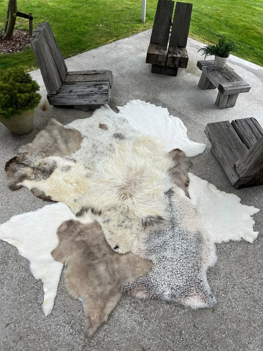 Tilly by Wol Society, a large ivory, grey and taupe patchwork sheepskin rug