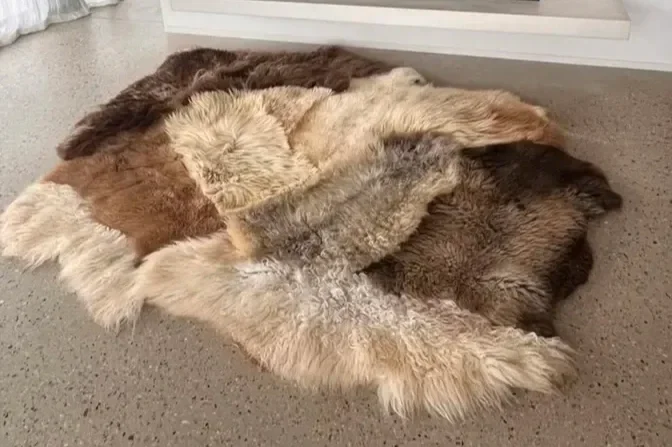 Balou by Wol Society, a patchwork sheep skin rug in honey, soft grey and chocolate brown