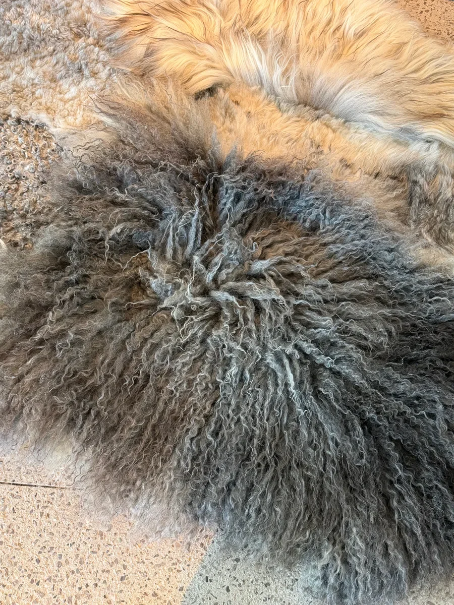Frost by Wol Society, a grey sheepskin rug with long charcoal curls, silver pelts and honey tips