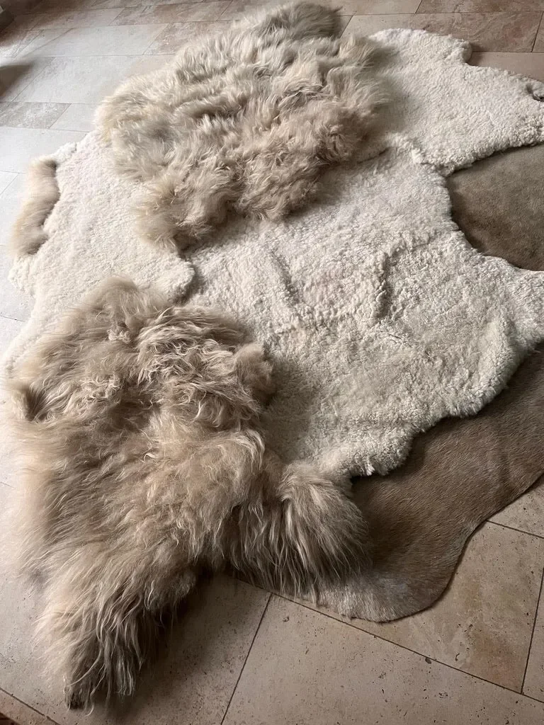 Mieke 196 by Wol Society, an ivory sheep skin rug dotted with long, fluffy taupe pelts
