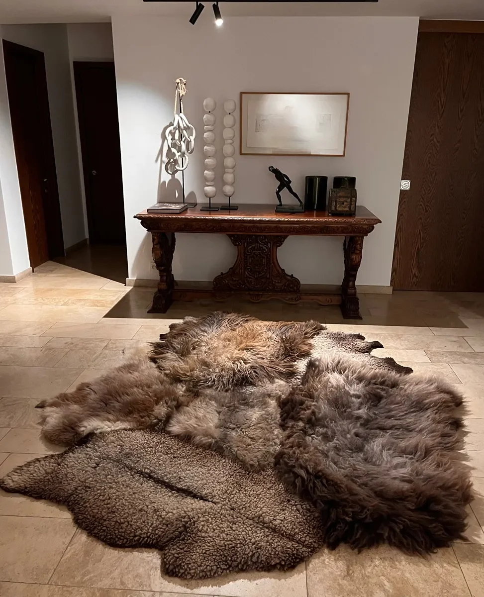 Him by Wol Society, a brown sheepskin rug with shaggy smoky-brown fleece and a close-curled cocoa pelt