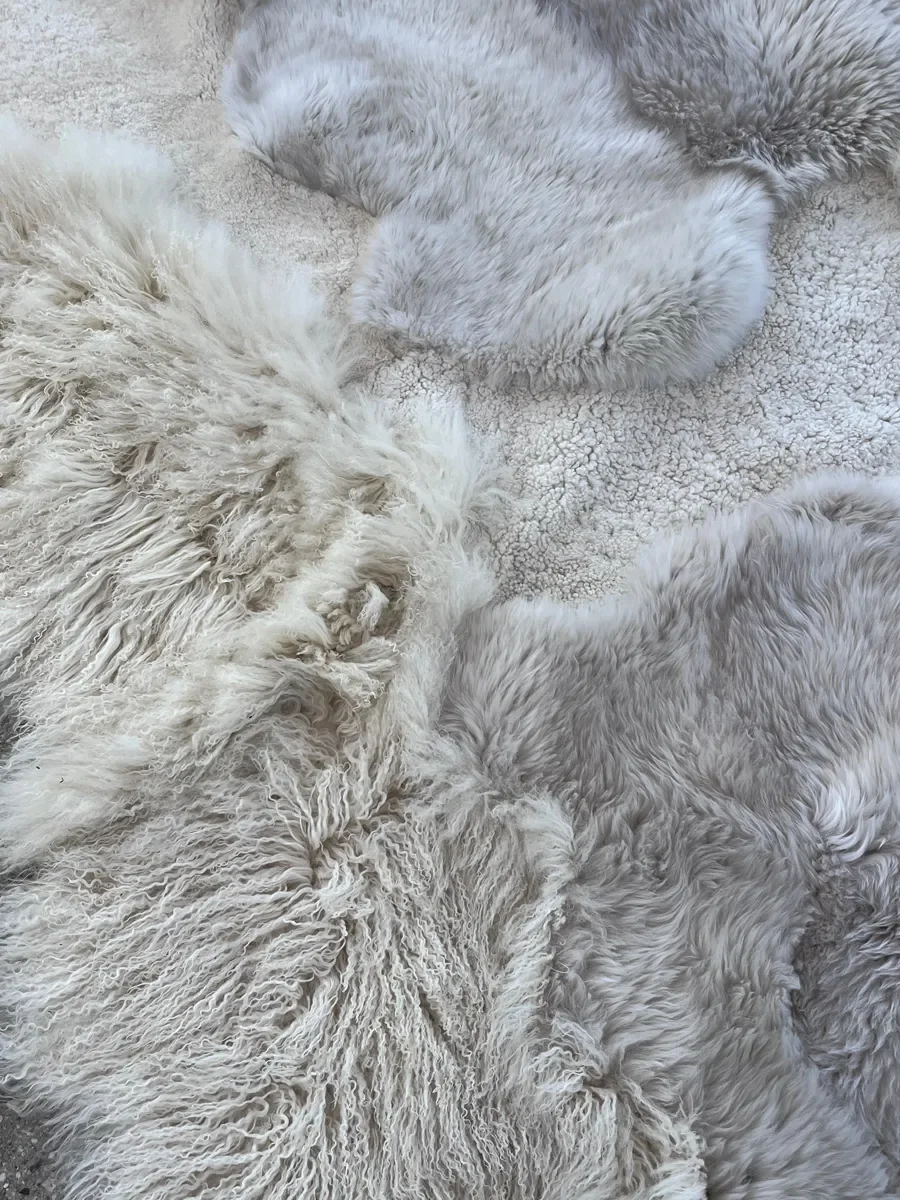 Mango by Wol Society, an ivory sheep skin rug with soft patches of pale dove grey