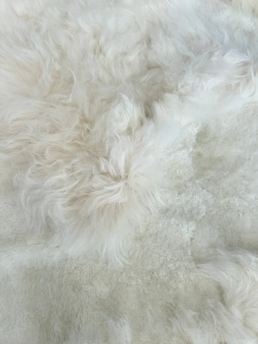 Mieke 189 by Wol Society, a large creamy white sheepskin rug with fluffy and smooth fleece