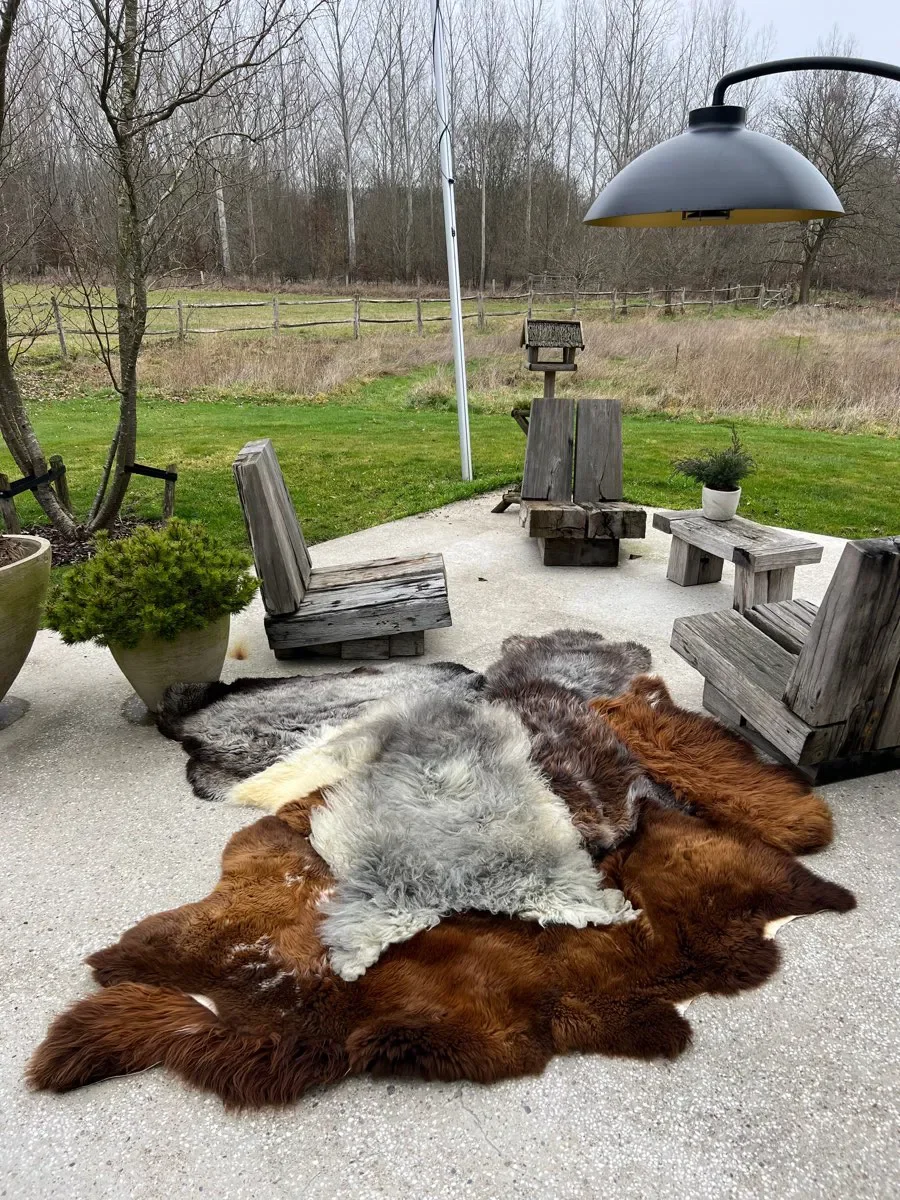 Wilder by Wol Society, a large copper brown and silver grey sheepskin rug with cream accents