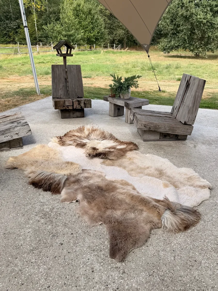 Noodles by Wol Society, a taupe and cream sheep skin rug with a smooth ivory center and a shaggy grey-brown pelt