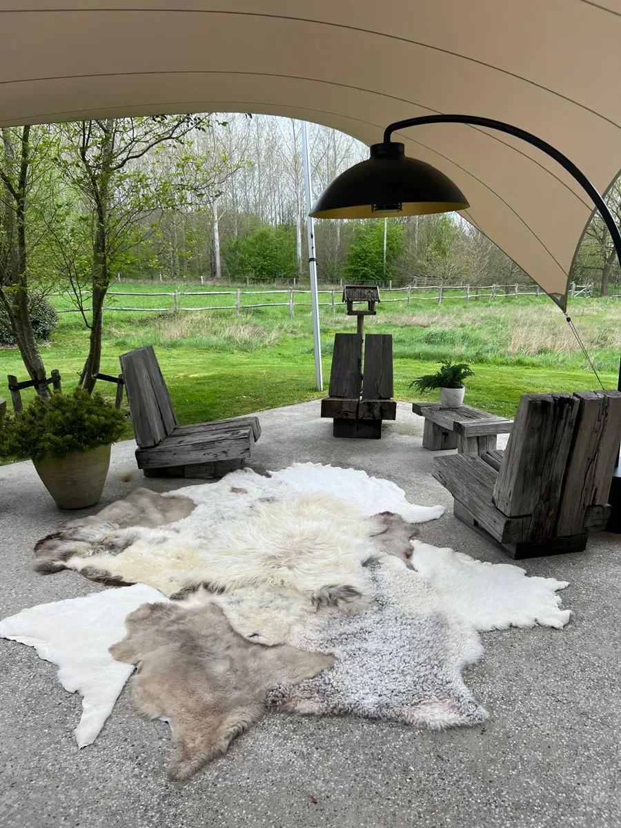 Tilly by Wol Society, a large ivory, grey and taupe patchwork sheepskin rug