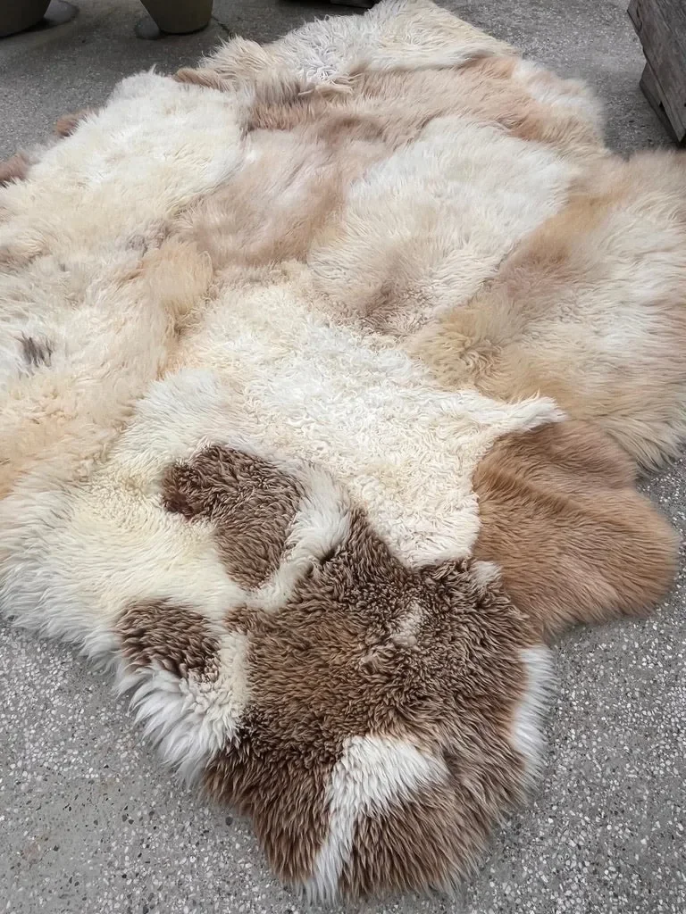 Pipa by Wol Society, a large cream and peach sheep skin rug with taupe-brown accents at one end
