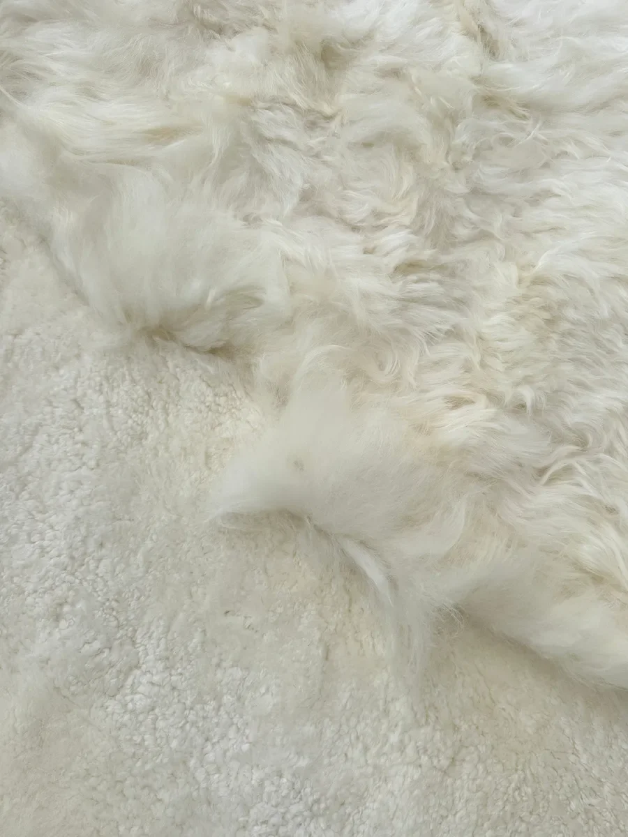 Mieke 193 by Wol Society, a large white sheepskin rug with fluffy fleece from end to end