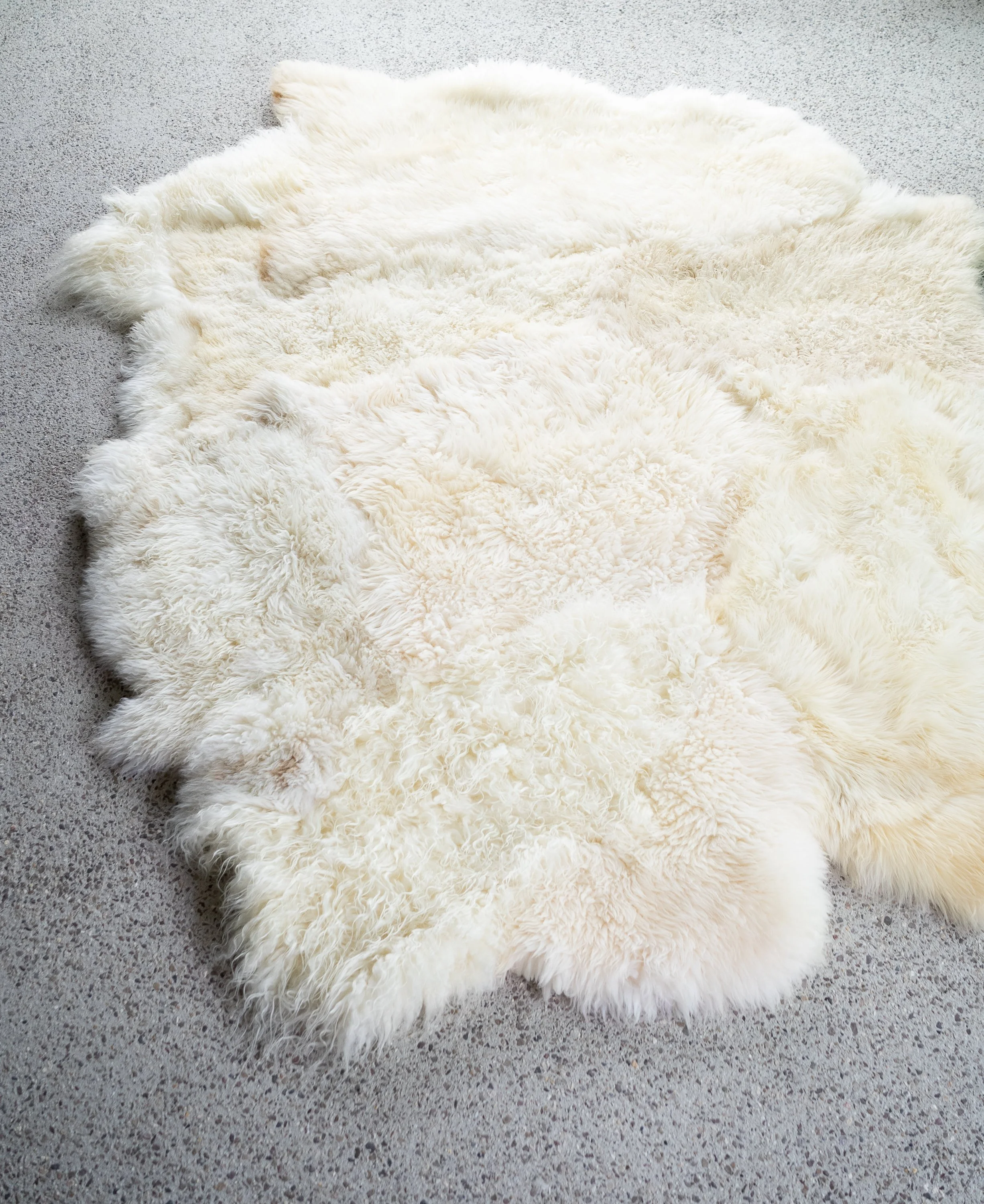 Kai by Wol Society, an ivory and cream sheep skin rug with long, gently wavy fleece