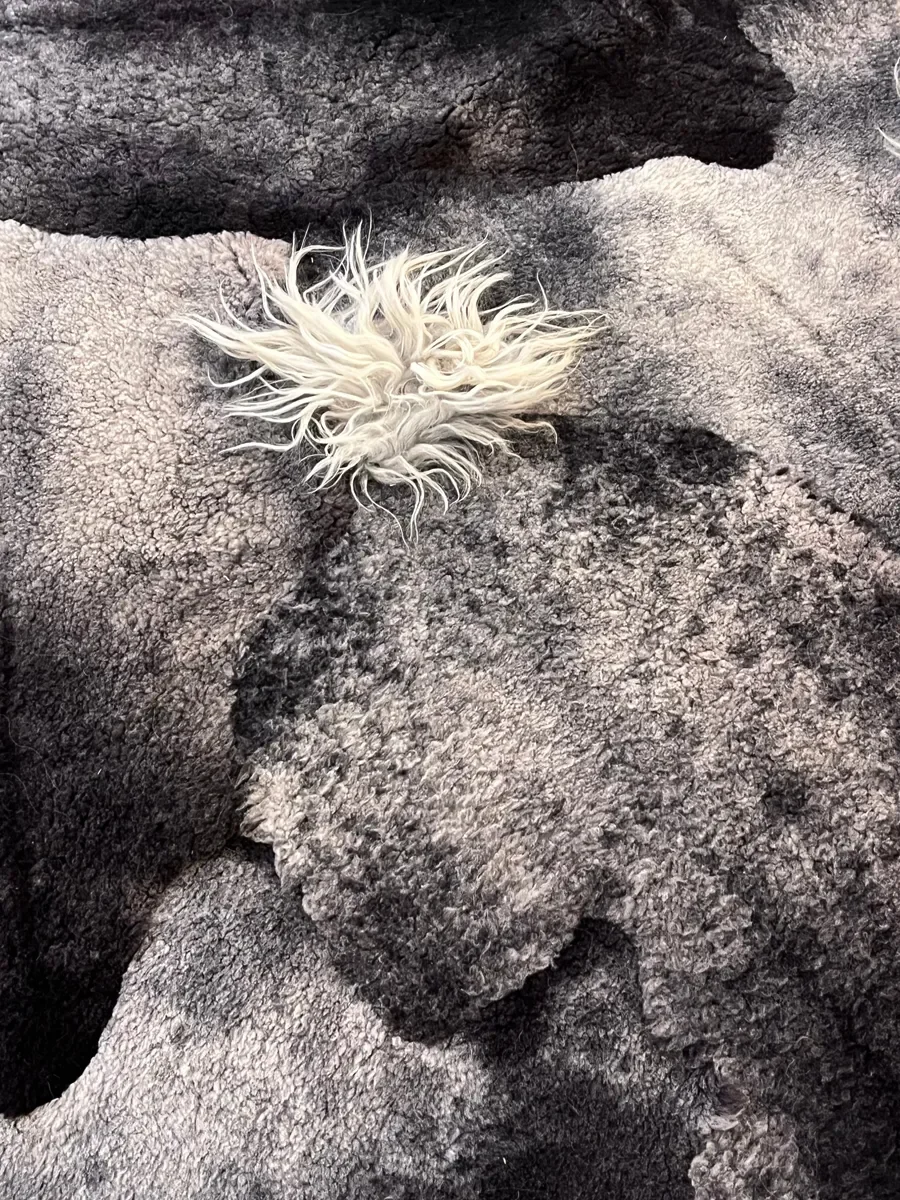 Piece Unique by Wol Society, a charcoal and silver grey Gotland lambskin carpet with tufts of white curls