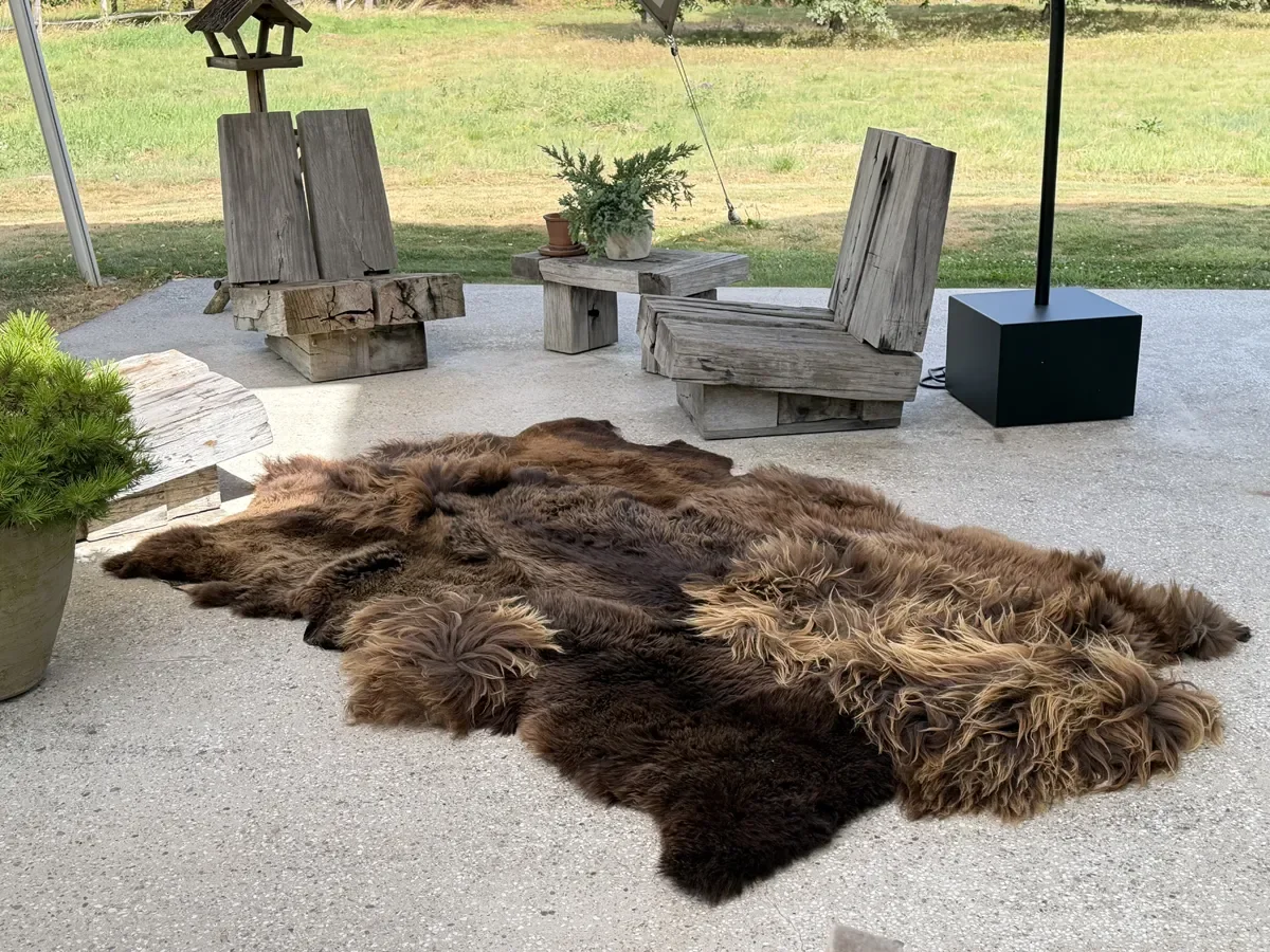 Zoomie by Wol Society, a shaggy chocolate brown sheepskin rug with honey-colored tips