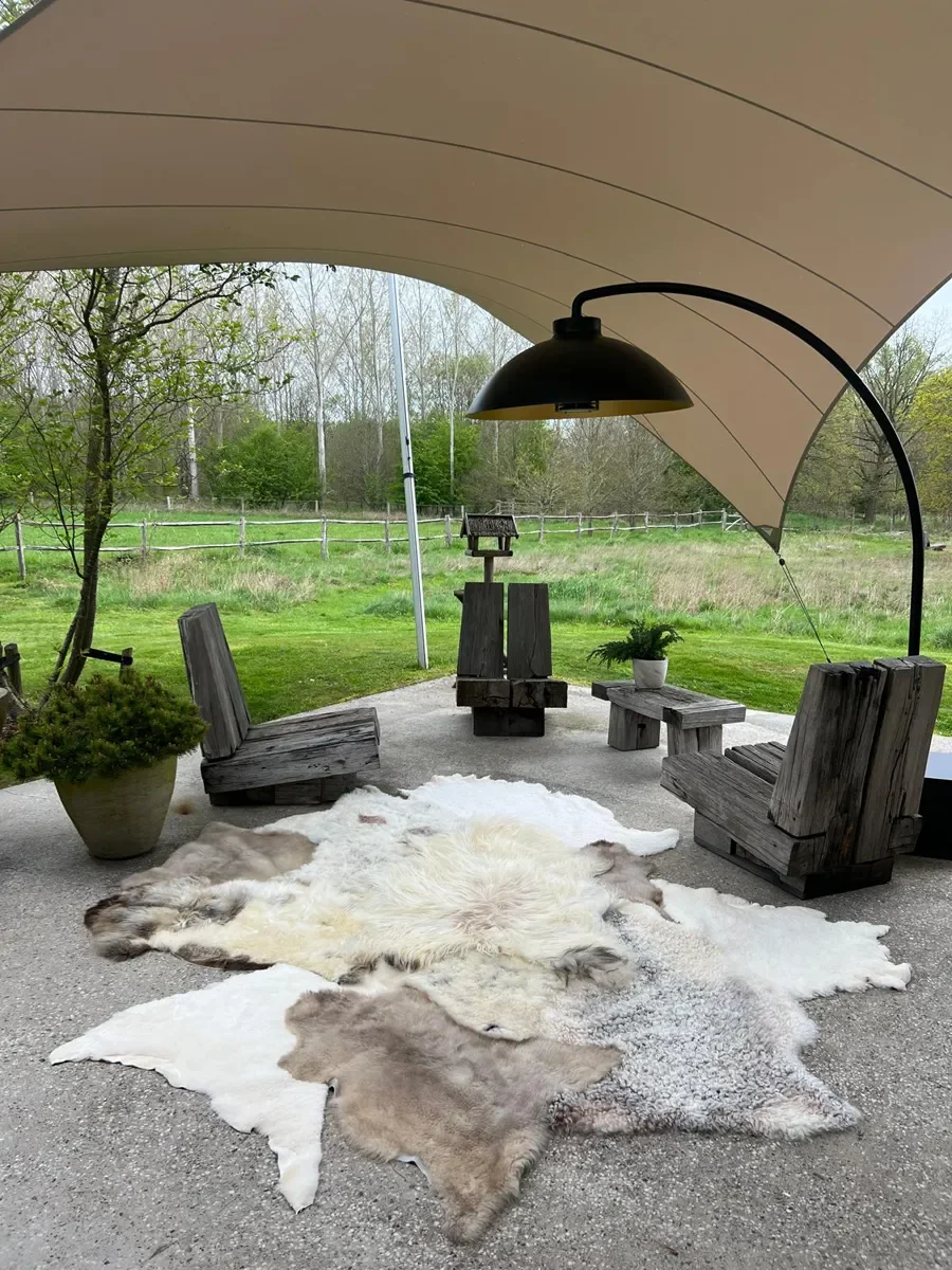 Tilly by Wol Society, a large ivory, grey and taupe patchwork sheepskin rug